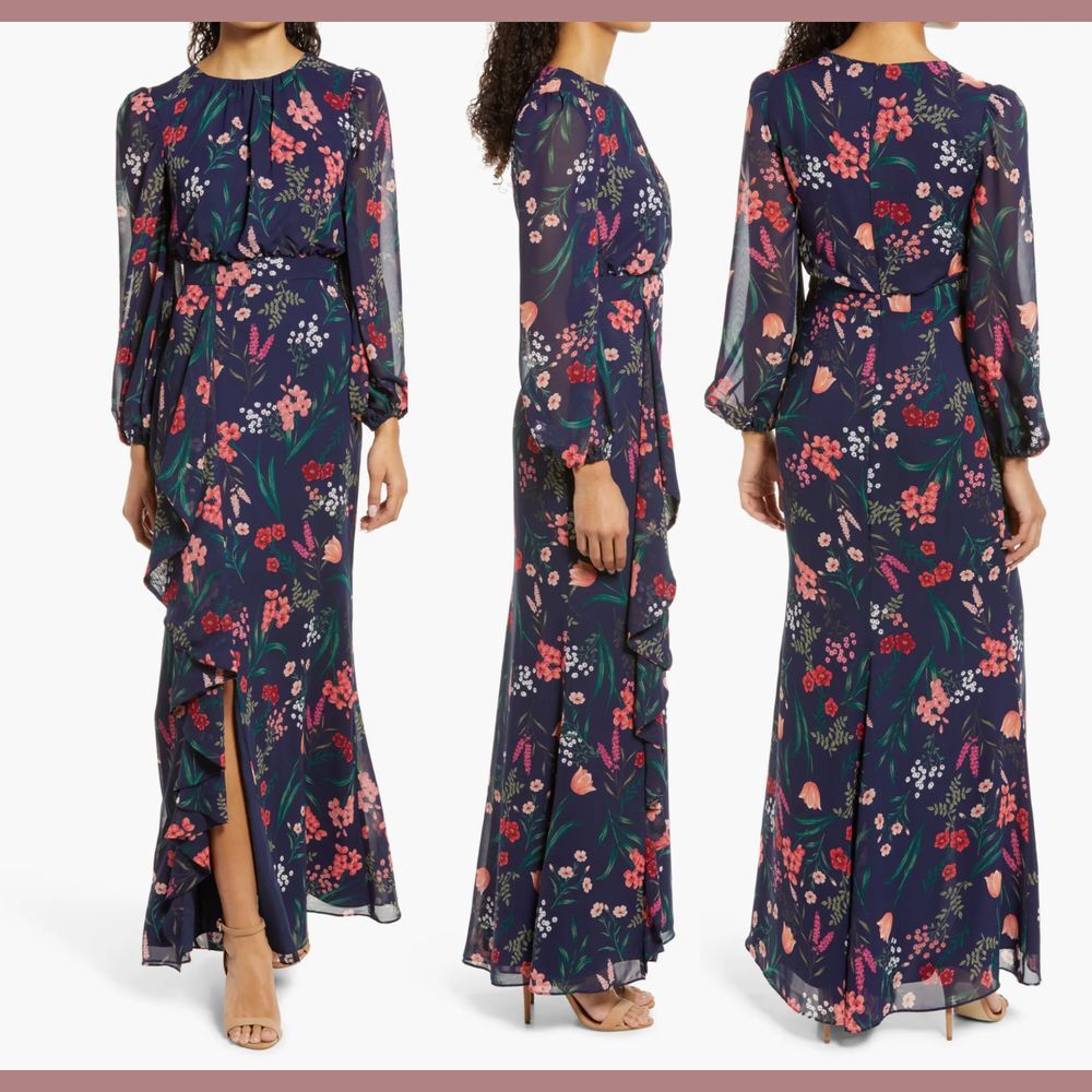 Eliza J Navy Floral Ruffle Long Sleeve Maxi Dress